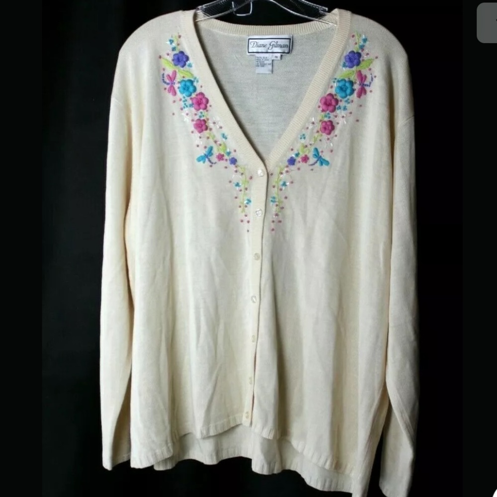 Diane Gilman Cream Silk Cardigan with Floral Embroidery